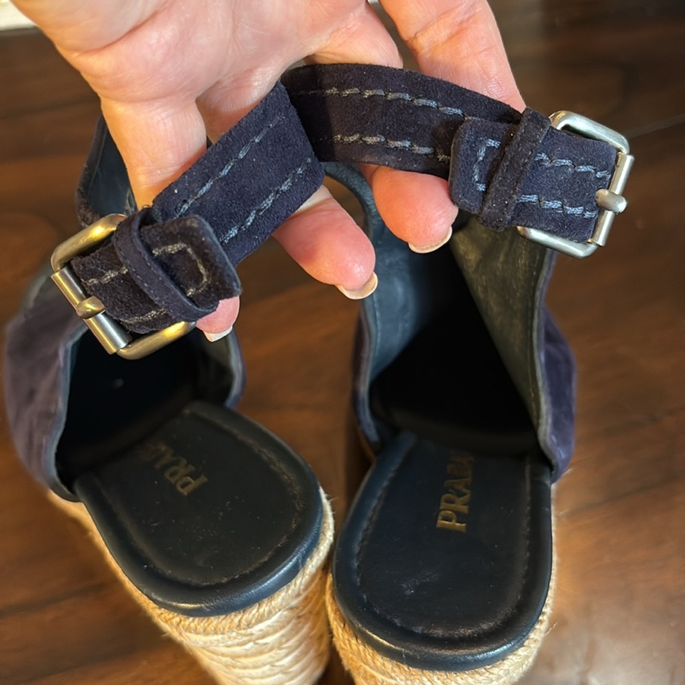 Prada Classic Navy Suede Rope Wedges Buckle Adjust Straps - Picture 9 of 11